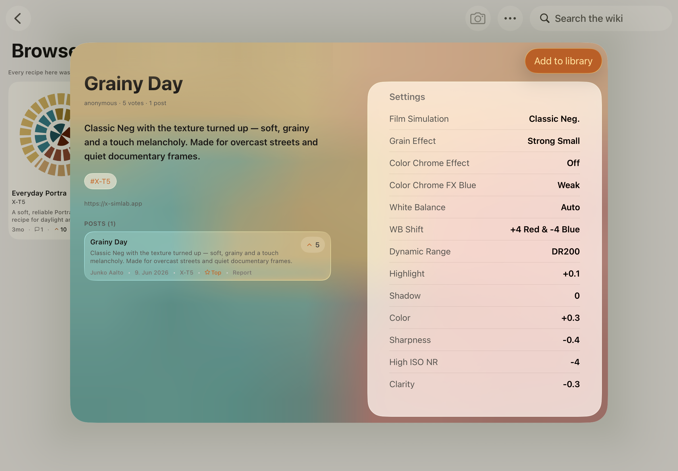 A community recipe from the wiki with its full settings in X Sim Lab