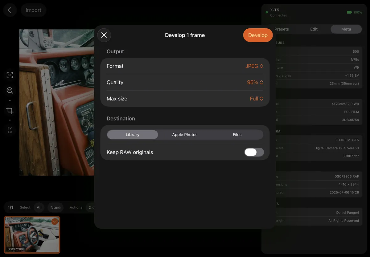 Develop dialog with format, quality, size and destination in X Sim Lab