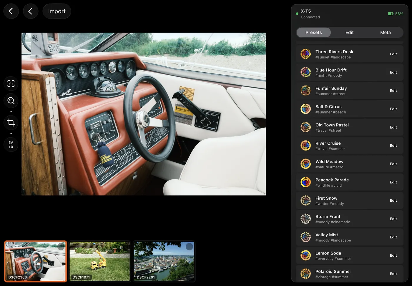 X Sim Lab editor on iPad with a RAW frame, the filmstrip and the recipe presets