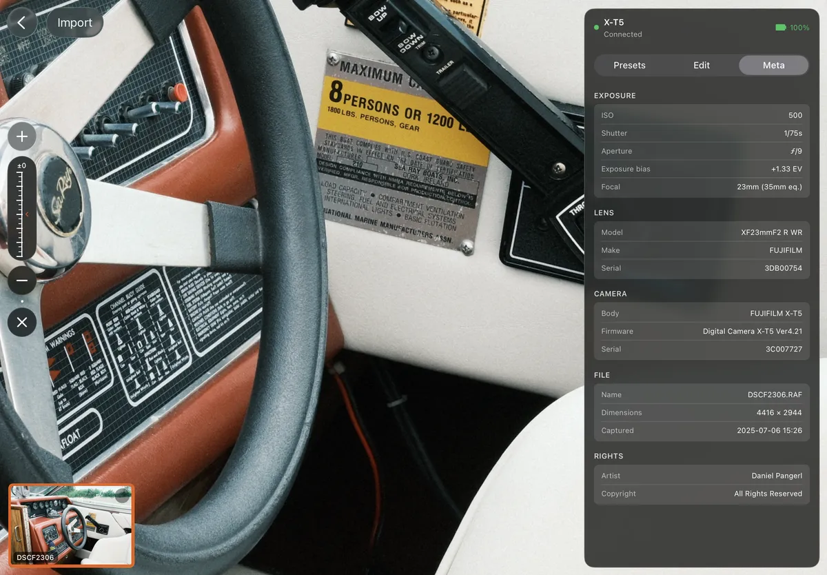 A frame zoomed in beside its shot metadata in the X Sim Lab editor