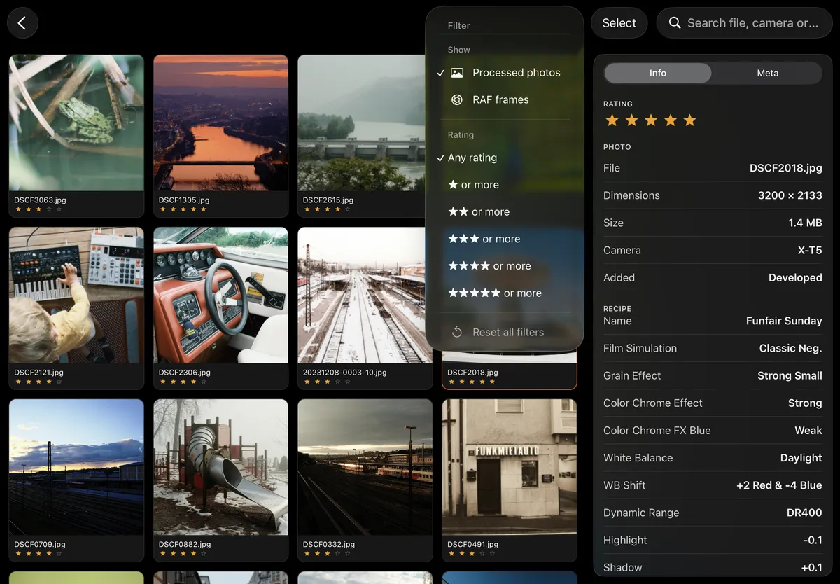 Photo library filter menu for photo kind and rating in X Sim Lab
