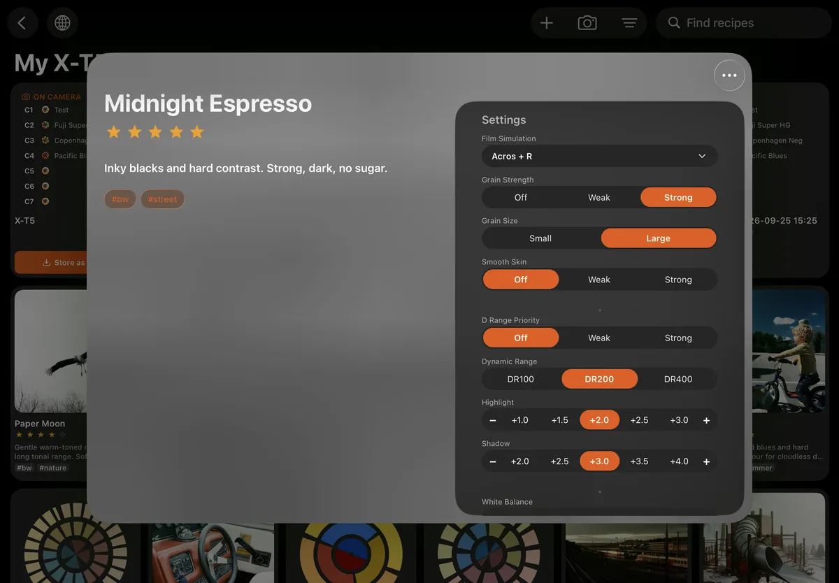 A recipe's settings in X Sim Lab on iPad