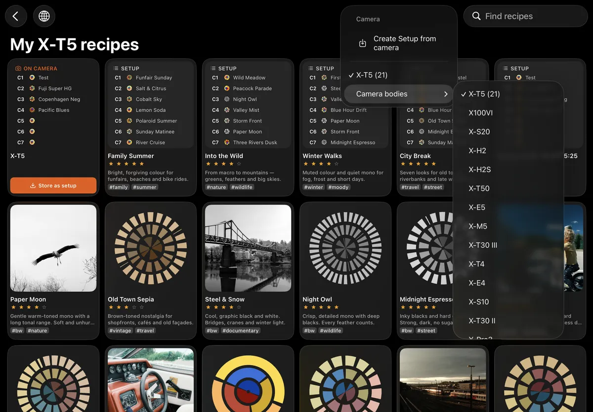 Recipe shelf showing the recipes on the connected X-T5 and the list of camera bodies in X Sim Lab