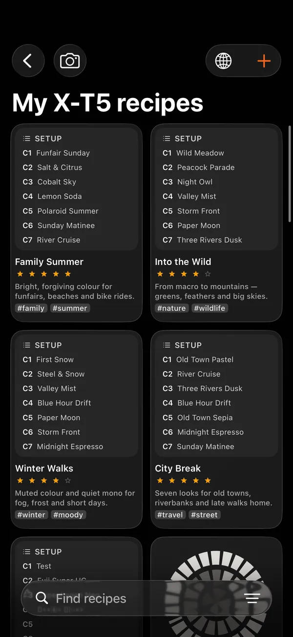 Setups with their C1–C7 slots in X Sim Lab on iPhone
